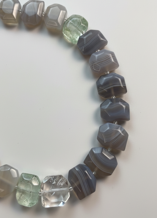 Shades of Serenity | Gray Sardonyx Faceted, Green strawberry Quartz & White Crystal - Lesedi Jewels