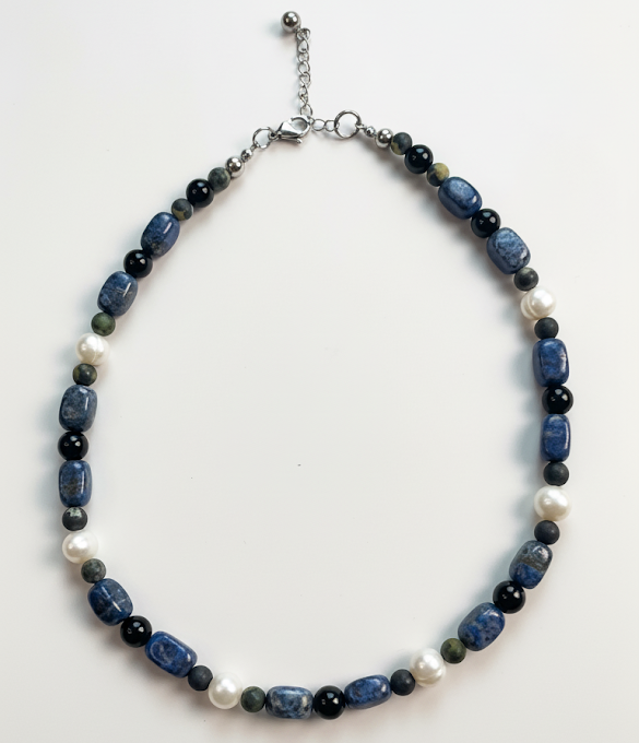 Lapis Luminescence | Lapis Lazuli, Freshwater Pearls and Black Agate Necklace