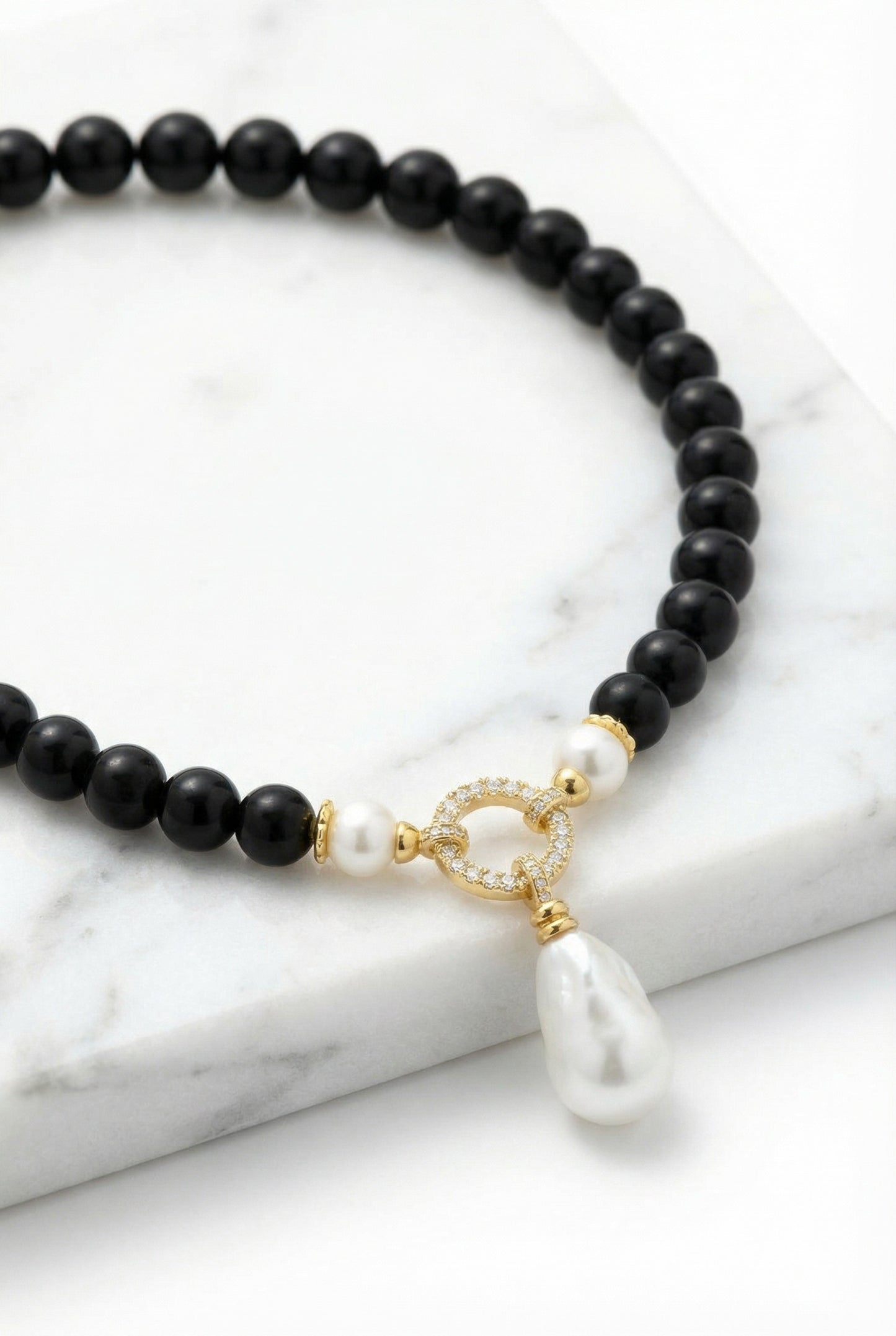Black Rose | Black Onyx With Freshwater Pearl Charm Pendant Necklace - Lesedi Jewels
