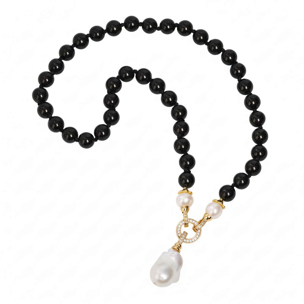 Black Rose | Black Onyx With Freshwater Pearl Charm Pendant Necklace