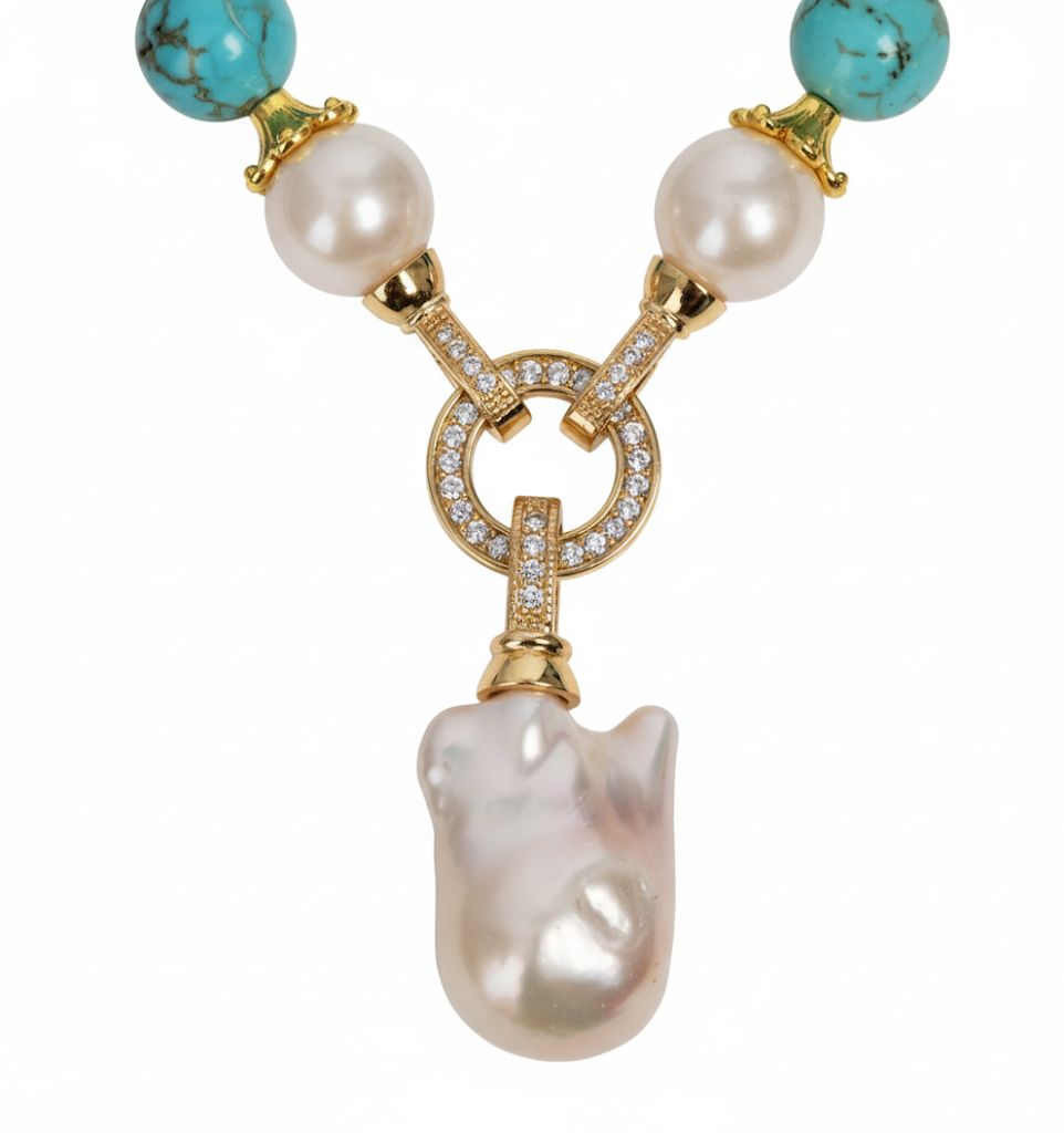 Lagoon Whisper | Blue Turquoise with Natural Freshwater Pearl Pendant Necklace - Lesedi Jewels