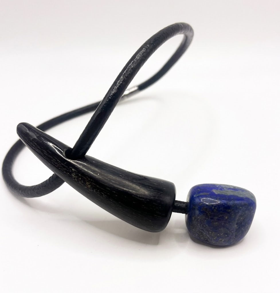 Natural Lapis Lazuli Horn and Leather Necklace - Lesedi Jewels