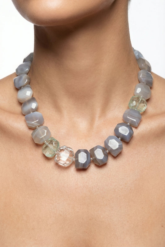 Shades of Serenity | Gray Sardonyx Faceted, Green strawberry Quartz & White Crystal - Lesedi Jewels