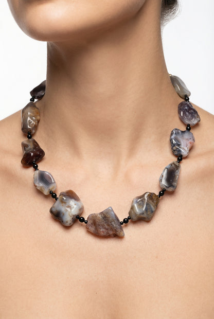 Twilight Dunes | Persian Gulf Agate -Rough Stone & Black Tourmaline Necklace - Lesedi Jewels