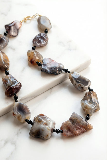 Twilight Dunes | Persian Gulf Agate -Rough Stone & Black Tourmaline Necklace - Lesedi Jewels