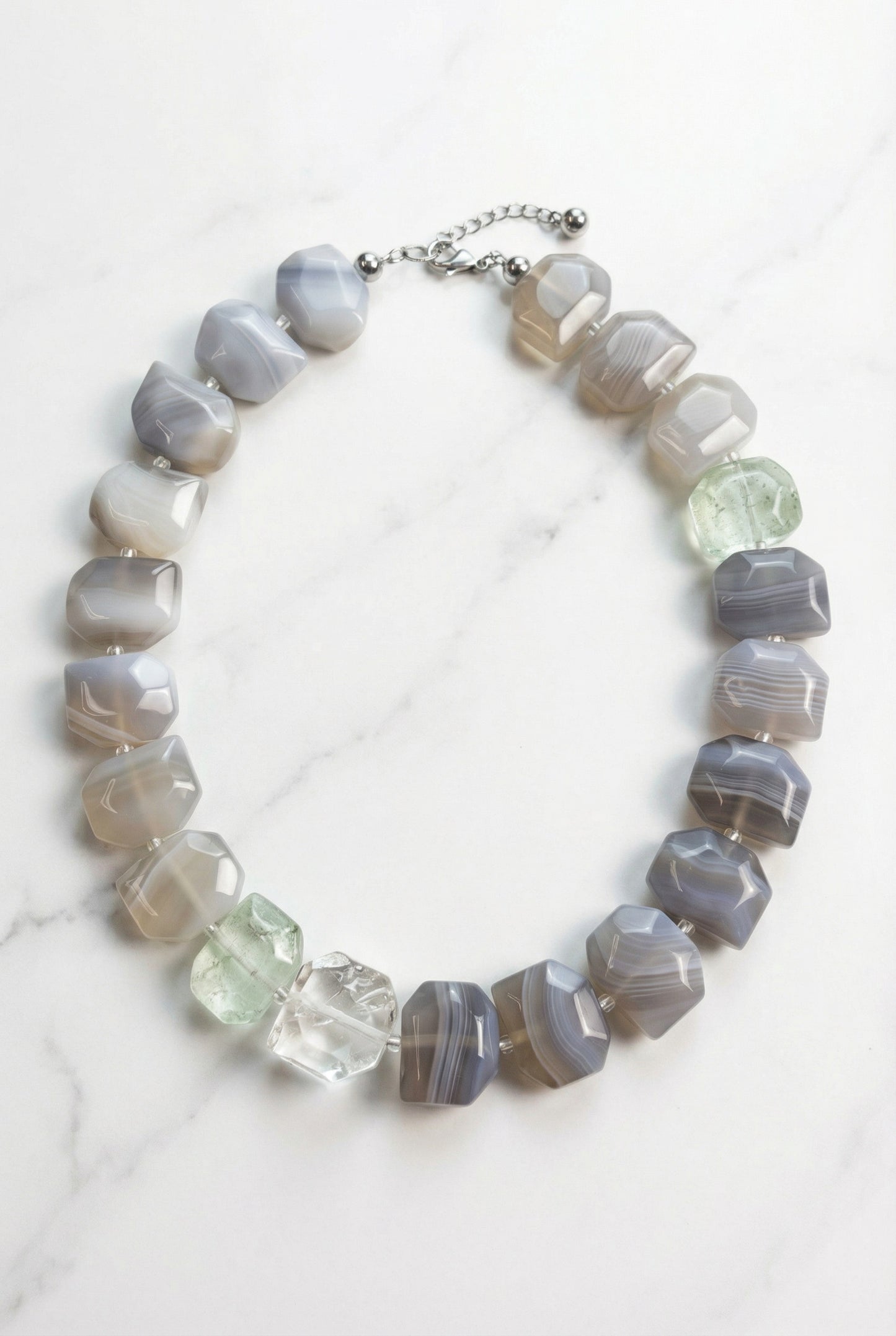 Shades of Serenity | Gray Sardonyx Faceted, Green strawberry Quartz & White Crystal - Lesedi Jewels