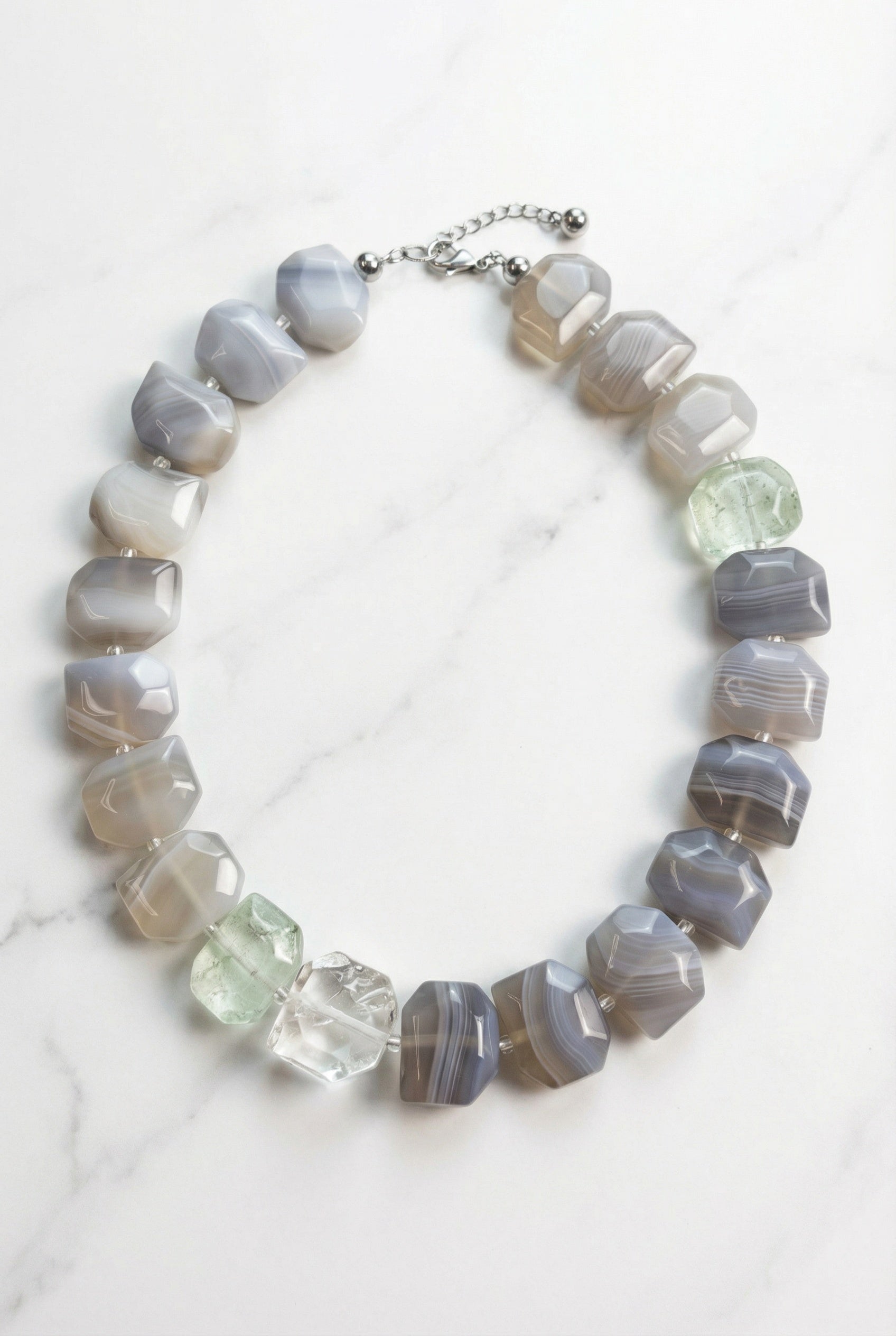Shades of Serenity | Gray Sardonyx Faceted, Green strawberry Quartz & White Crystal - Lesedi Jewels
