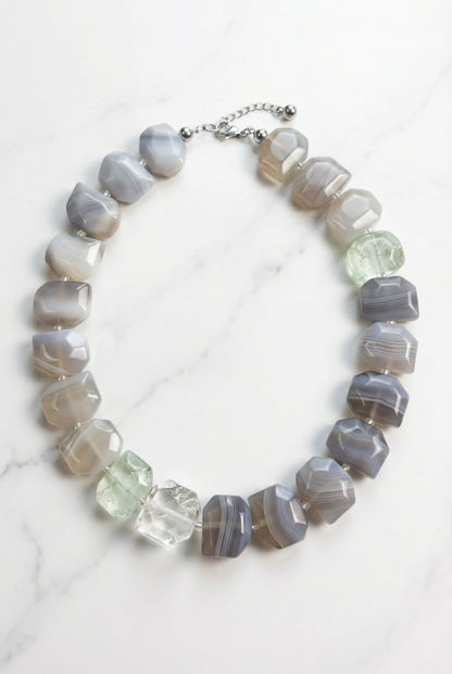 Shades of Serenity | Gray Sardonyx Faceted, Green strawberry Quartz & White Crystal - Lesedi Jewels
