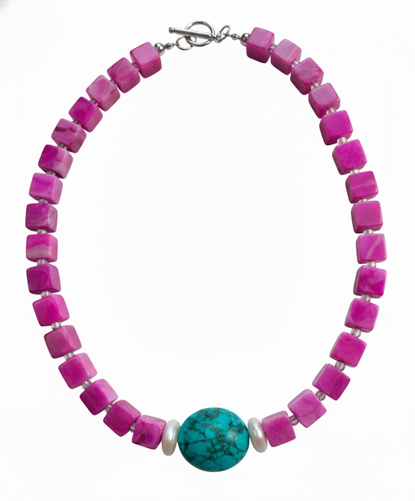 Crimson Tide & Sky| Pink Agate Cube, Natural turquoise, Pearl Necklace - Lesedi Jewels