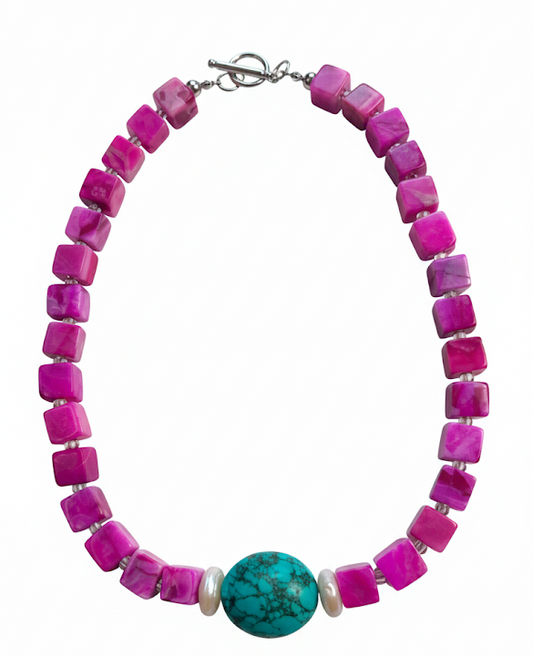 Crimson Tide & Sky| Rose red sugar cube, natural turquoise, pearl Necklace