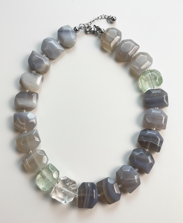 Shades of Serenity | Gray Sardonyx Faceted, Green strawberry Quartz & White Crystal