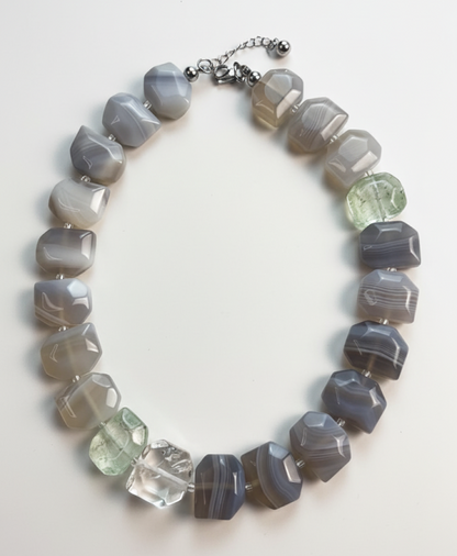 Shades of Serenity | Gray Sardonyx Faceted, Green strawberry Quartz & White Crystal