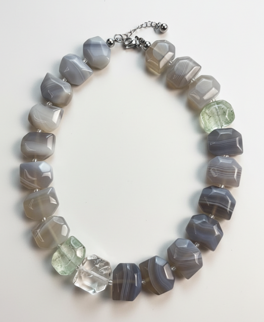 Shades of Serenity | Gray Sardonyx Faceted, Green strawberry Quartz & White Crystal