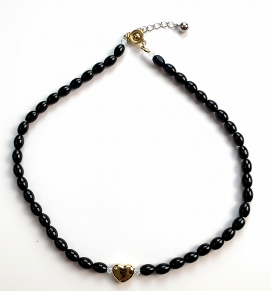 Moonshadow Talisman | Black Agate Gold Heart Necklace