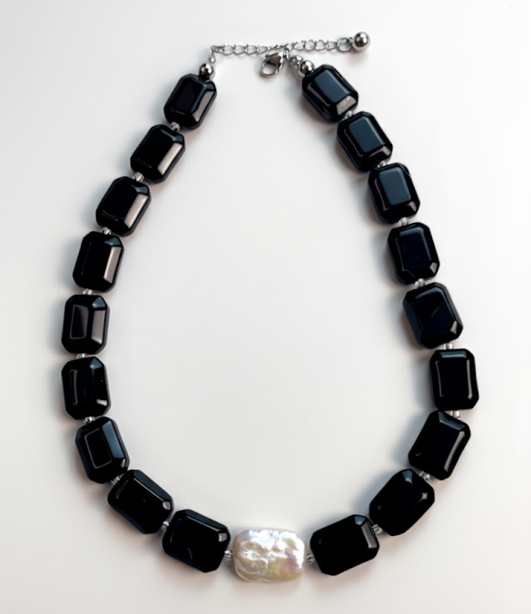 Mystic Eclipse | Faceted Black Agate + Baroque Square Pearl