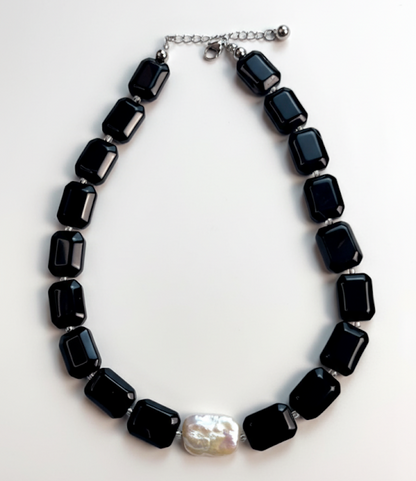 Mystic Eclipse | Faceted Black Agate + Baroque Square Pearl