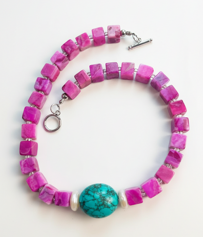 Crimson Tide & Sky| Rose red sugar cube, natural turquoise, pearl Necklace