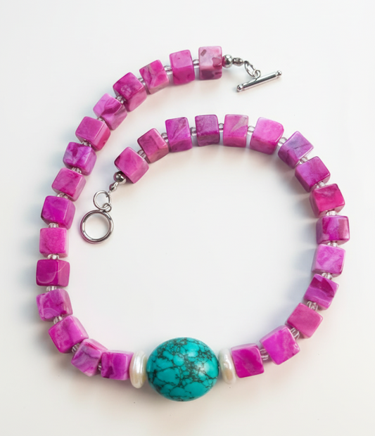 Crimson Tide & Sky| Rose red sugar cube, natural turquoise, pearl Necklace - Lesedi Jewels