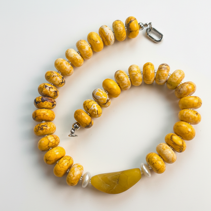 Aurora Flame | Orange Peel Agate , Yellow Abacus beads , Pearls