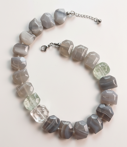 Shades of Serenity | Gray Sardonyx Faceted, Green strawberry Quartz & White Crystal