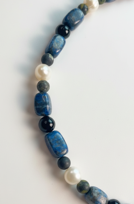 Lapis Luminescence | Lapis Lazuli, Freshwater Pearls and Black Agate Necklace