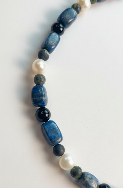 Lapis Luminescence | Lapis Lazuli, Freshwater Pearls and Black Agate Necklace