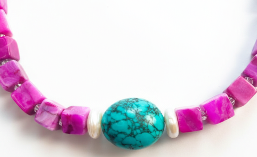 Crimson Tide & Sky| Rose red sugar cube, natural turquoise, pearl Necklace