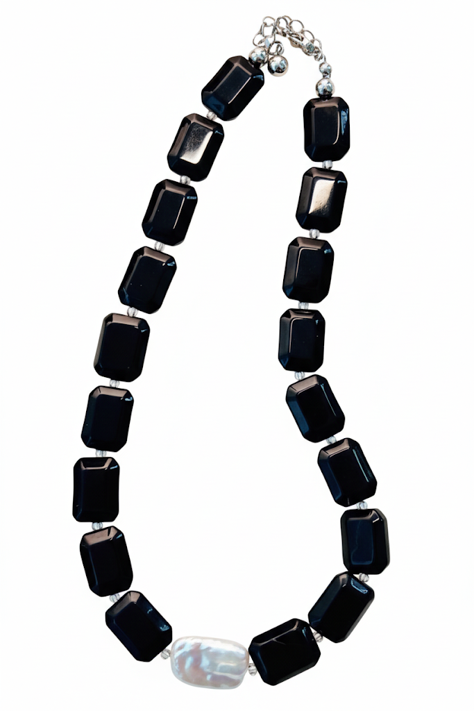 Mystic Eclipse | Faceted Black Agate + Baroque Square Pearl