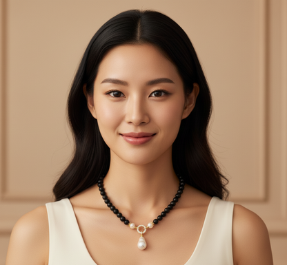 Black Rose |  Black Onyx  With Freshwater Pearl Charm Pendant Necklace