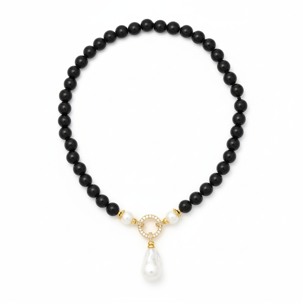 Black Rose |  Black Onyx  With Freshwater Pearl Charm Pendant Necklace