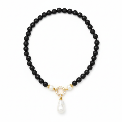 Black Rose |  Black Onyx  With Freshwater Pearl Charm Pendant Necklace