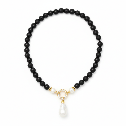 Black Rose |  Black Onyx  With Freshwater Pearl Charm Pendant Necklace