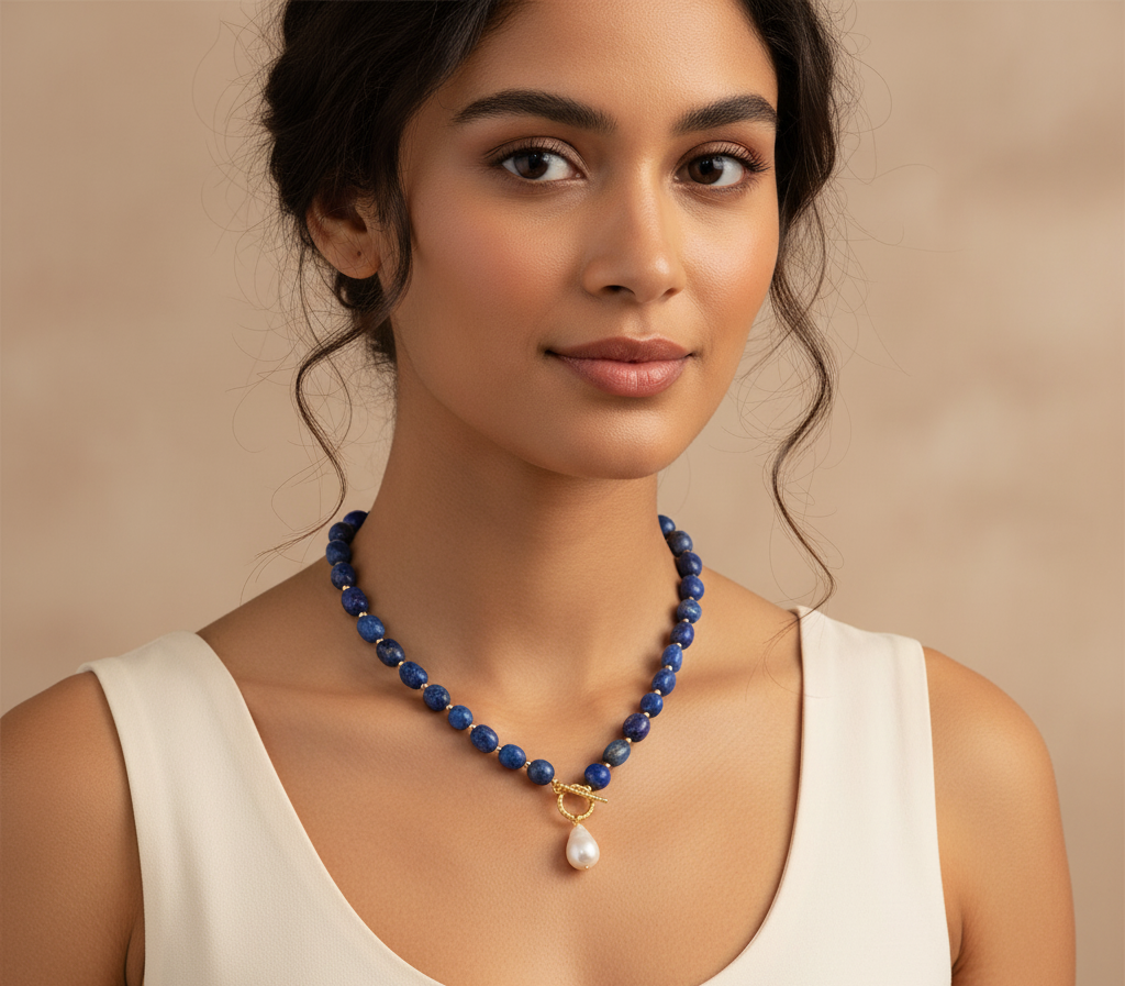 Blue Reverie | Natural Lapis With Baroque Pearl Pendants Necklace