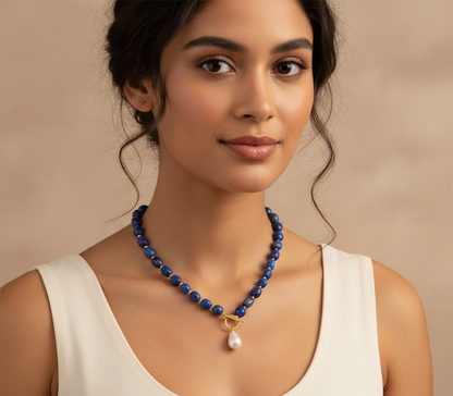 Blue Reverie | Natural Lapis With Baroque Pearl Pendants Necklace