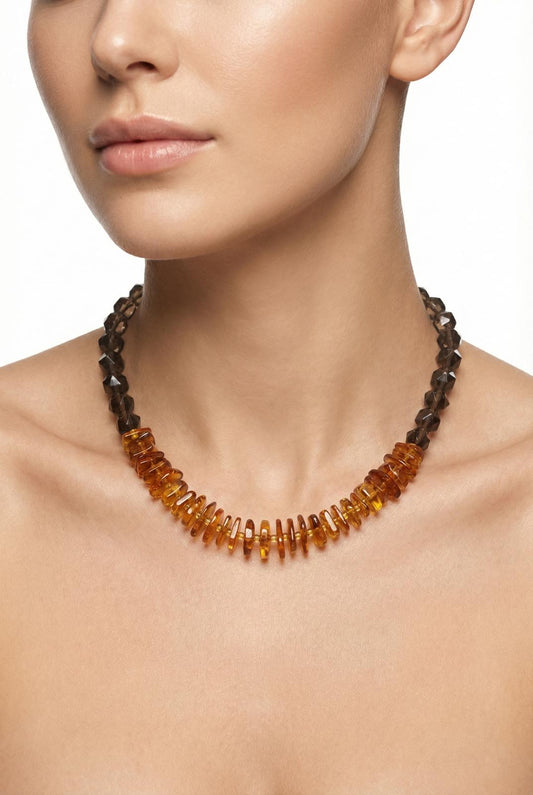 Natural Amber & Smokey Quartz Necklace - Lesedi Jewels