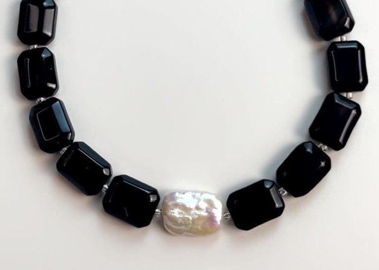 Mystic Eclipse | Faceted Black Agate + Baroque Square Pearl