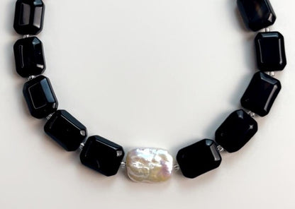 Mystic Eclipse | Faceted Black Agate + Baroque Square Pearl
