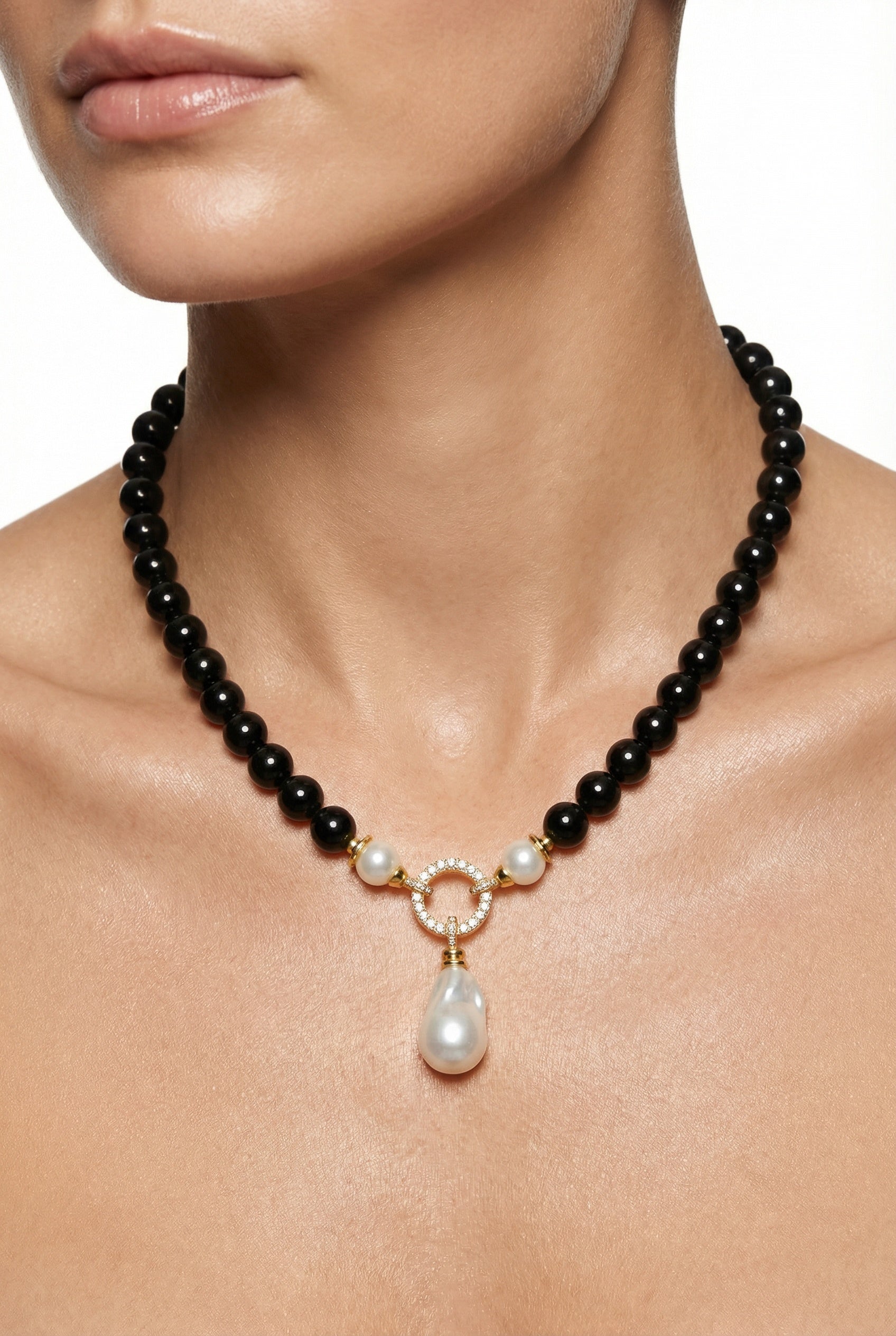 Black Rose |  Black Onyx  With Freshwater Pearl Charm Pendant Necklace - Lesedi Jewels