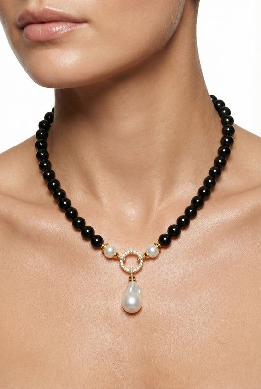 Black Rose |  Black Onyx  With Freshwater Pearl Charm Pendant Necklace - Lesedi Jewels