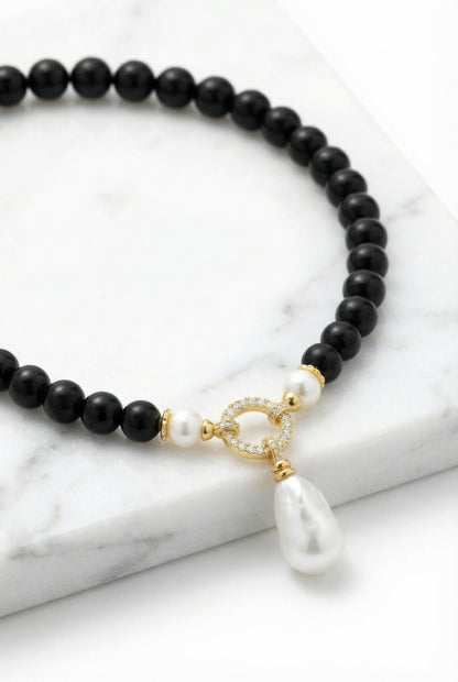 Black Rose |  Black Onyx  With Freshwater Pearl Charm Pendant Necklace - Lesedi Jewels