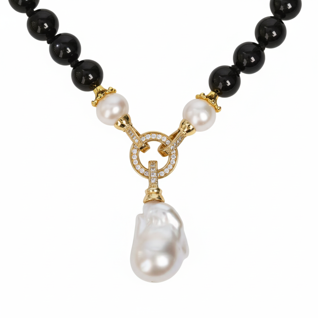 Black Rose |  Black Onyx  With Freshwater Pearl Charm Pendant Necklace