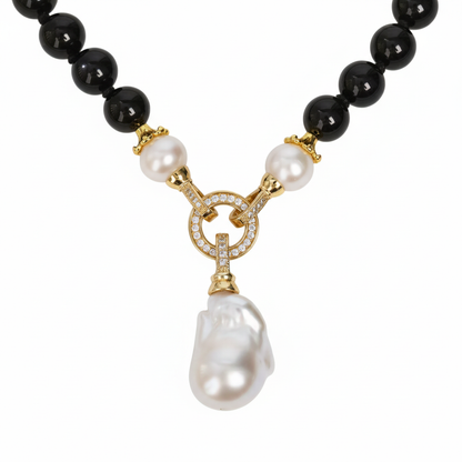 Black Rose |  Black Onyx  With Freshwater Pearl Charm Pendant Necklace