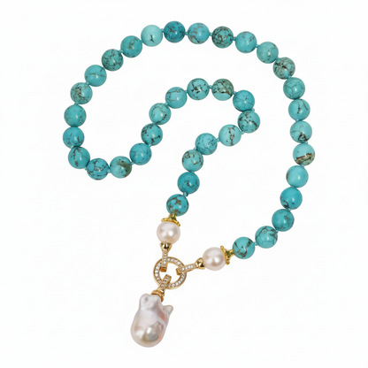 Lagoon Whisper | Blue Turquoise with Natural Freshwater Pearl Pendant Necklace