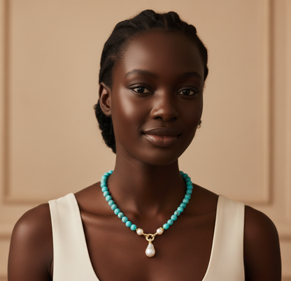 Lagoon Whisper | Blue Turquoise with Natural Freshwater Pearl Pendant Necklace