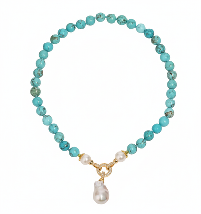 Lagoon Whisper | Blue Turquoise with Natural Freshwater Pearl Pendant Necklace