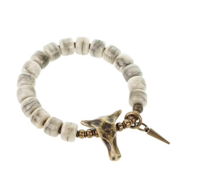 Ox Bone Beaded Bracelet with Brass Bull Head Charm