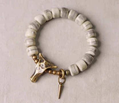 Ox Bone Beaded Bracelet with Brass Bull Head Charm