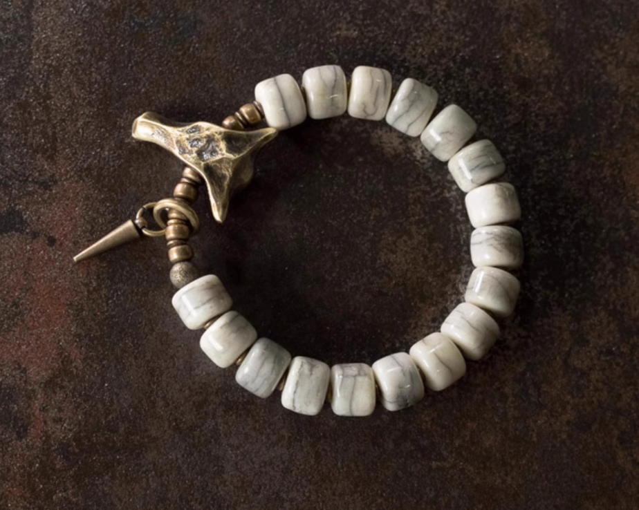 Ox Bone Beaded Bracelet with Brass Bull Head Charm