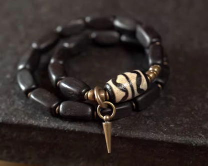 Ebony Wood with Double Tiger Tooth Dzi Bracelet