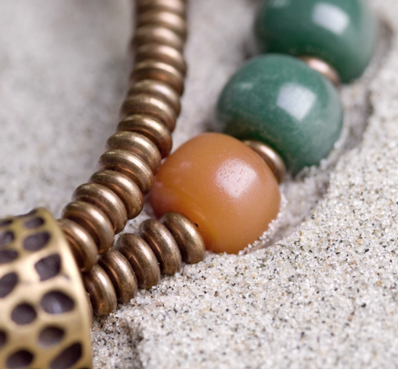 Green Bodhi root beads with Brass bracelet